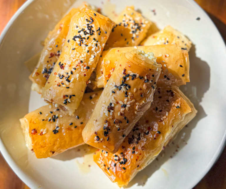 stacked baked feta parcels