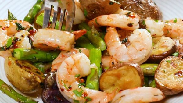 a bowl of Garlic-Butter Sheet-Pan Shrimp Dinner