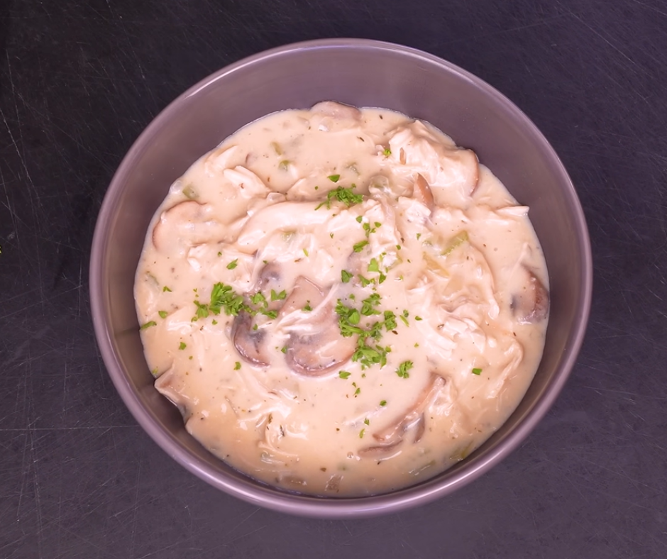 Mushroom chicken soup in a bowl