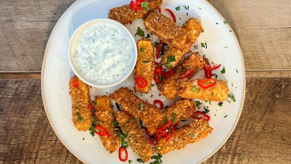 Spicy Fried Paneer with Cilantro Yogurt Dipping Sauce