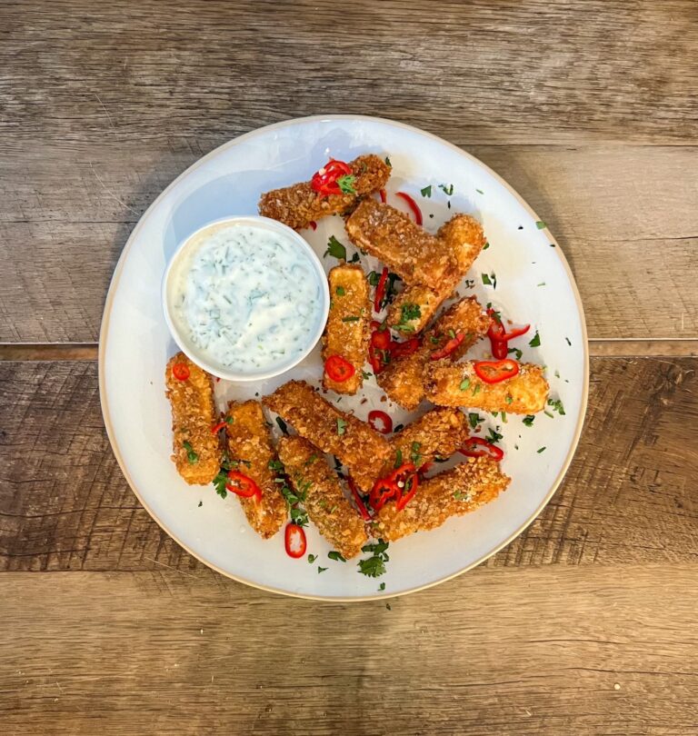 Spicy Fried Paneer with Cilantro Yogurt Dipping Sauce