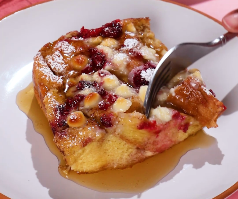 a fork going into a piece of French toast casserole