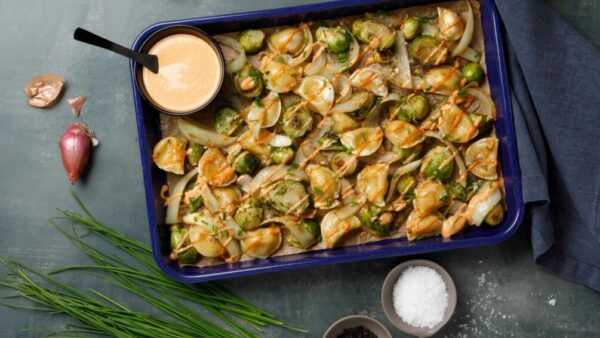 Sheet Pan Roasted Pierogies with Caramelized Onions and Brussels Sprouts